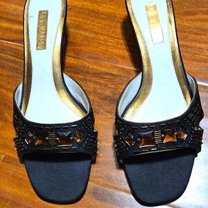 Ann Marino Brown Short Heel Slide Sandals W/ Rust/Orange Rhinstone, Leather Sole